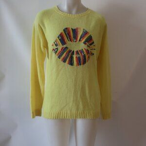NWT Womens Lauren Moshi Lemon Yellow Rainbow Lips Pullover Cashmere Sweater L